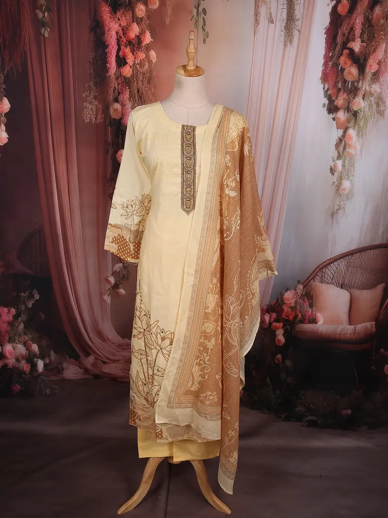 Soft Butter Yellow Floral Printed Design Cotton Straight Cut Salwar Suit 1