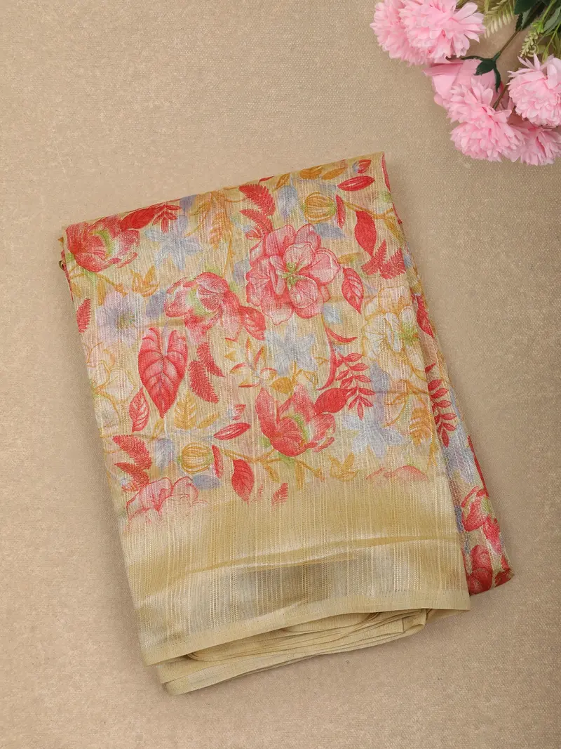 Soft Buttercream Yellow Floral Printed Design Linen Cotton Casual Wear Saree 1
