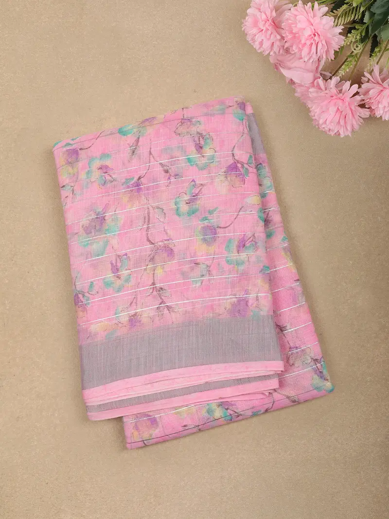 Soft Candy Pink Floral Printed Design Linen Cotton Casual Wear Saree 1