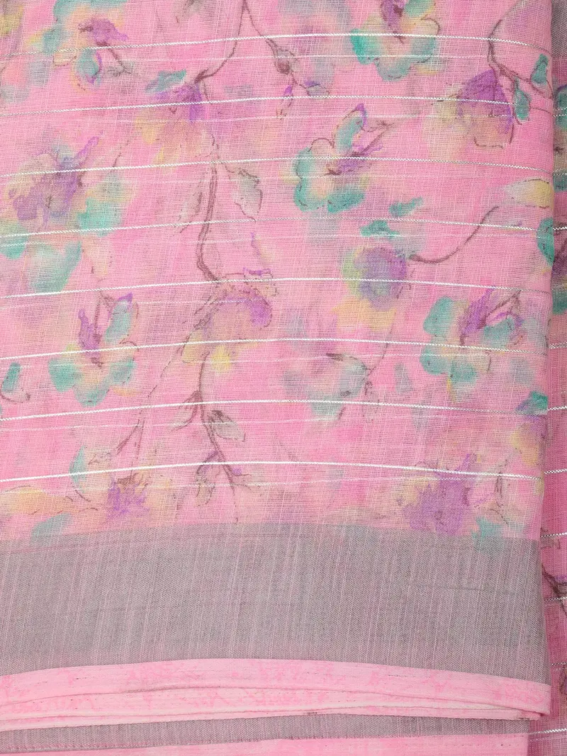 Soft Candy Pink Floral Printed Design Linen Cotton Casual Wear Saree 2
