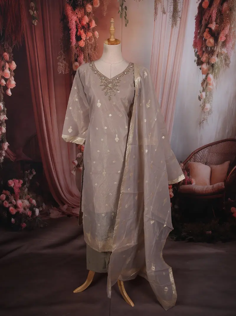 Soft Champagne Beige Butta Zari Woven Design Tissue Banarasi Salwar Suit 1