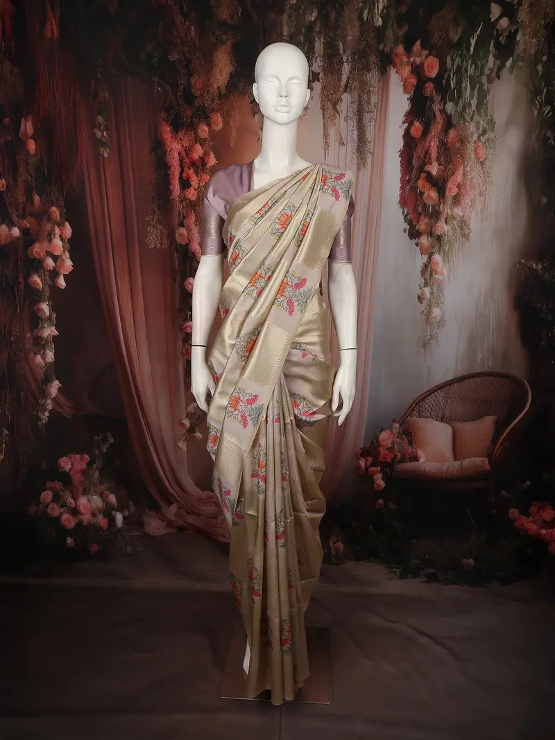 Soft Champagne Beige Floral Printed Design Semi Tussar Saree 1