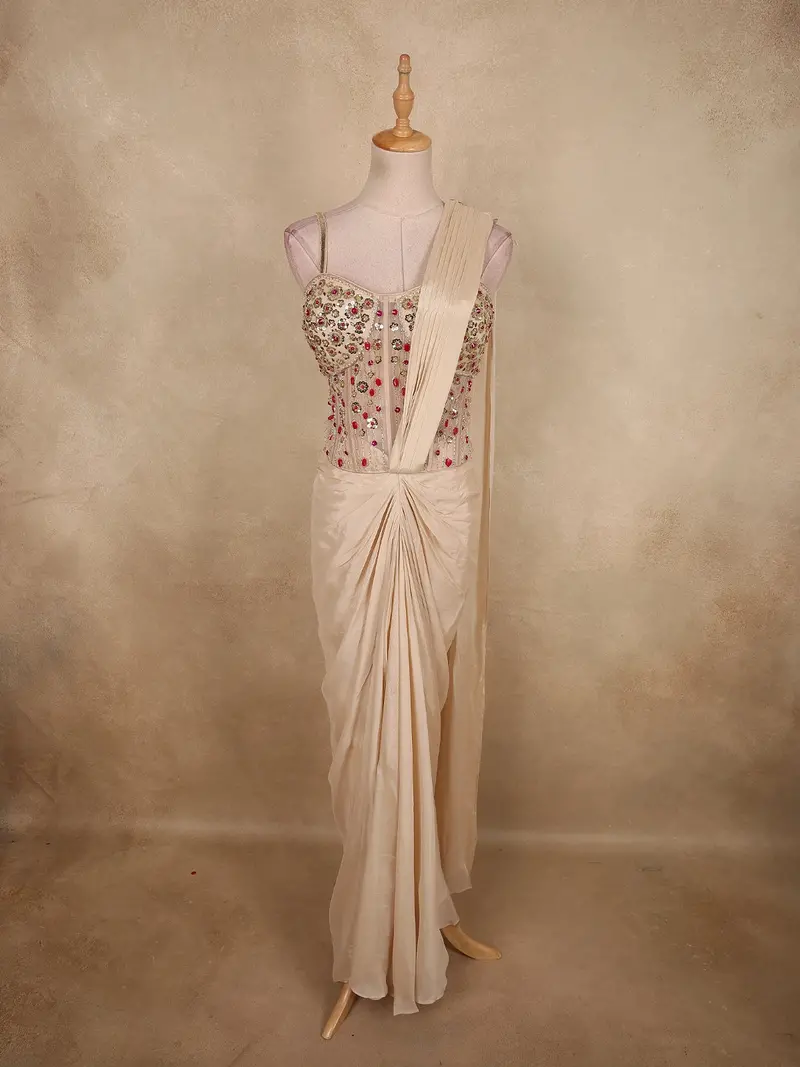 Soft Champagne Beige Floral Sequins And Beads Embroidered Design Georgette Ready To Wear Saree 1