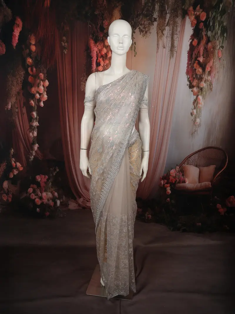 Soft Champagne Beige Floral Sequins Embroidered Design Net Designer Saree With Designer Border 1