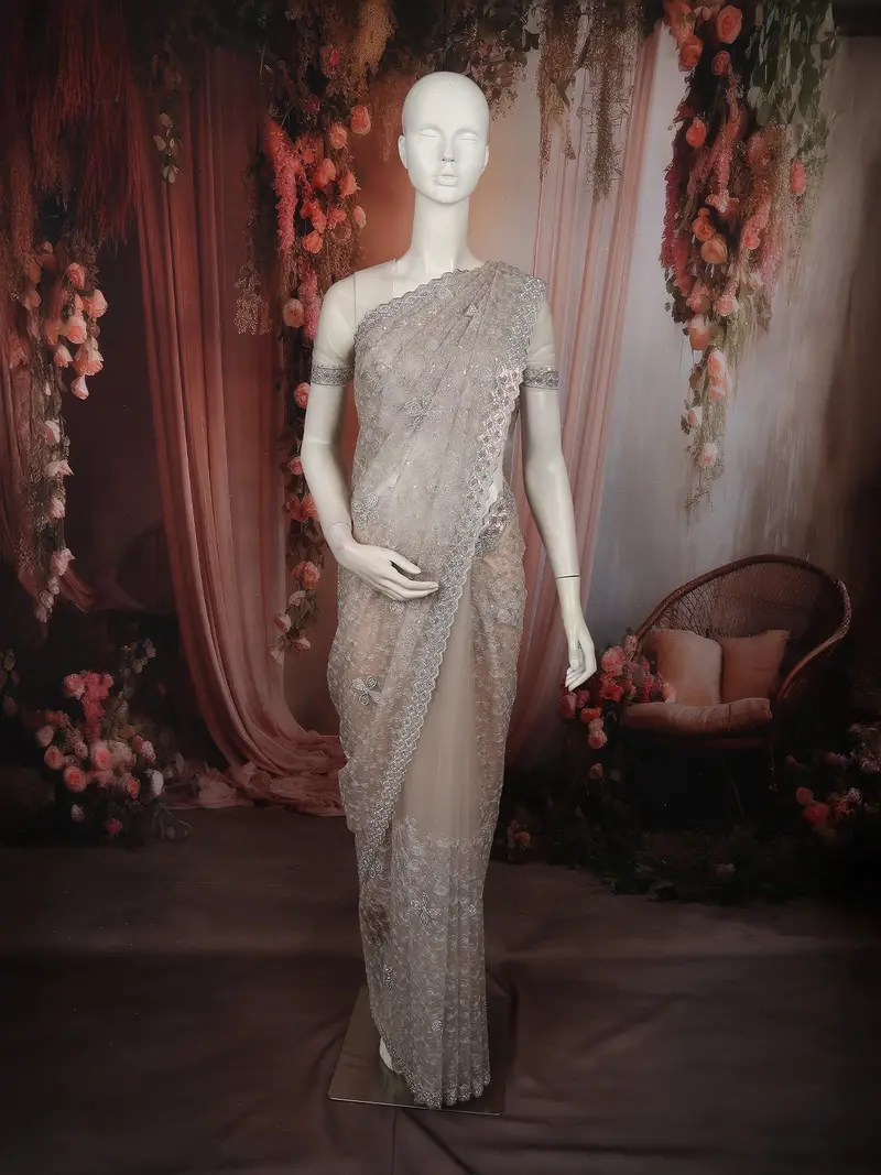 Soft Champagne Beige Floral Thread Embroidered Design Net Designer Saree With Designer Border 1