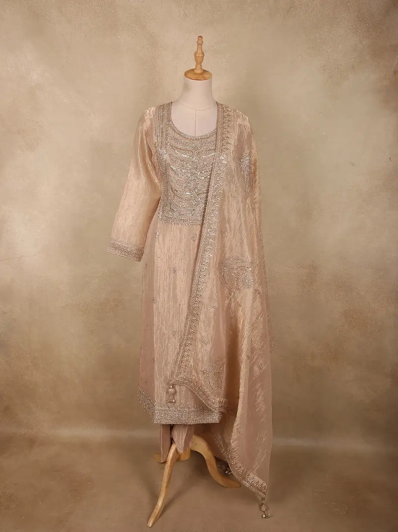 Soft Champagne Beige Sequins And Beads Embroidered Design Tissue Salwar Suit With Dupatta 1