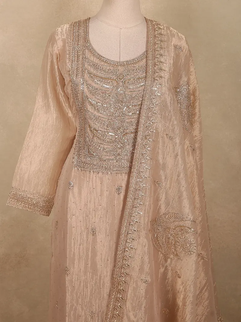 Soft Champagne Beige Sequins And Beads Embroidered Design Tissue Salwar Suit With Dupatta 2