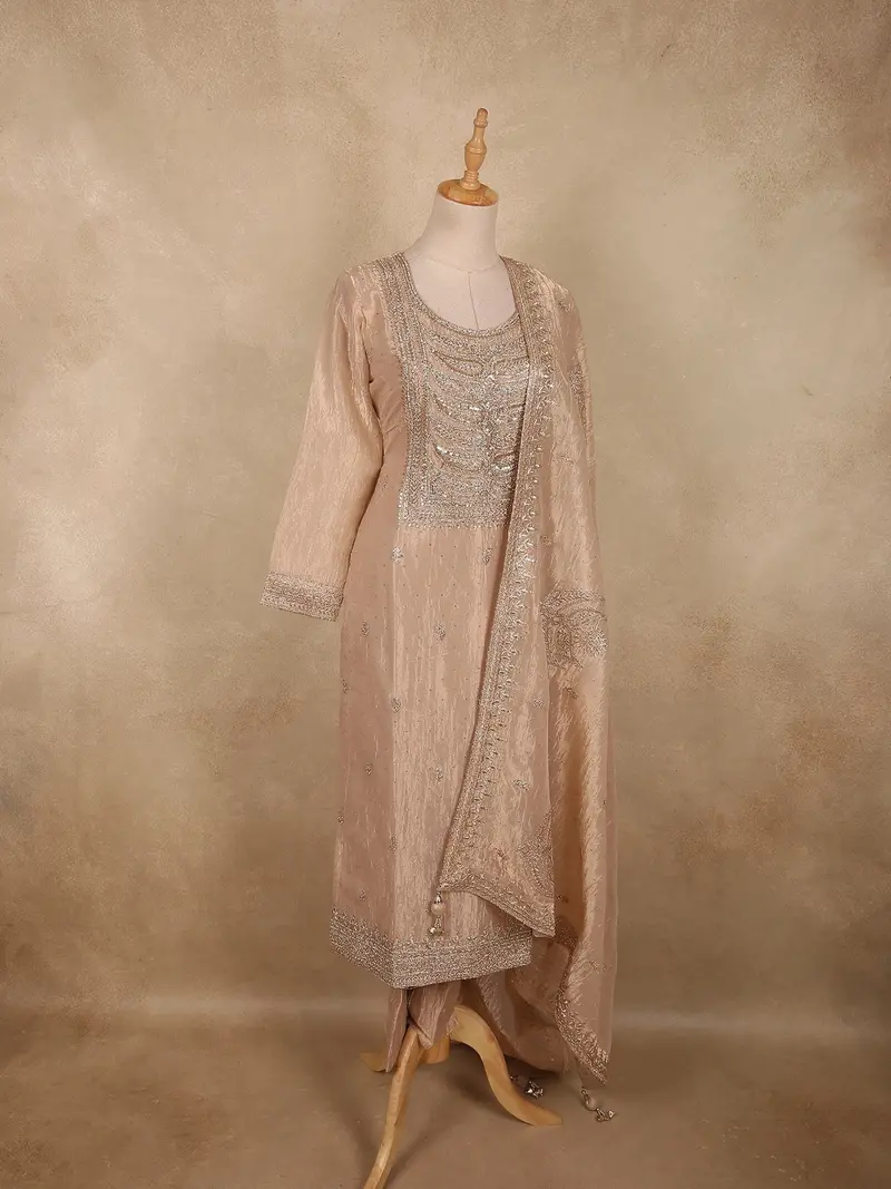 Soft Champagne Beige Sequins And Beads Embroidered Design Tissue Salwar Suit With Dupatta 3