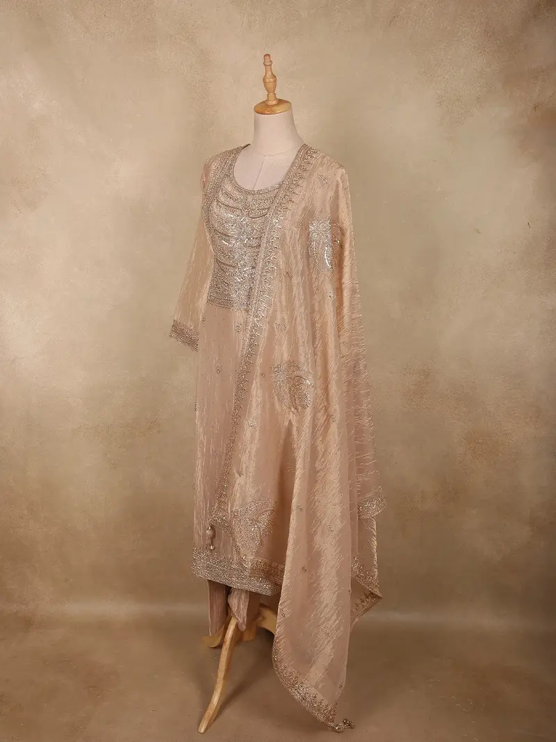 Soft Champagne Beige Sequins And Beads Embroidered Design Tissue Salwar Suit With Dupatta 4