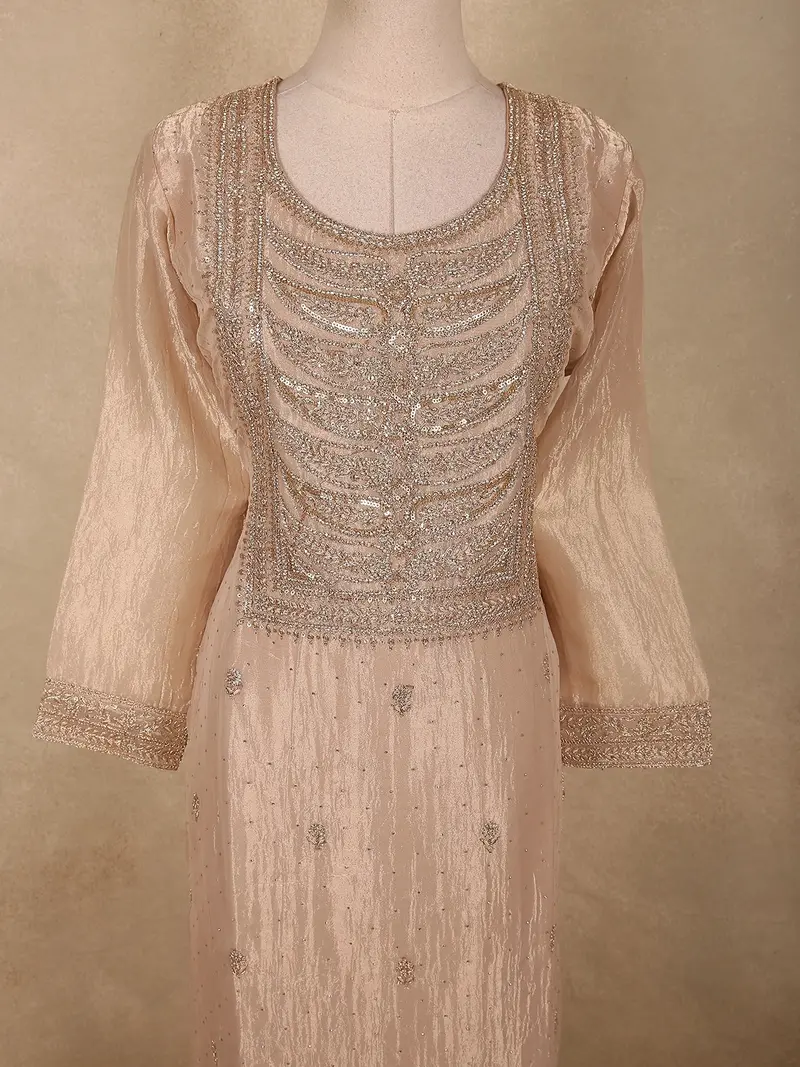Soft Champagne Beige Sequins And Beads Embroidered Design Tissue Salwar Suit With Dupatta 5