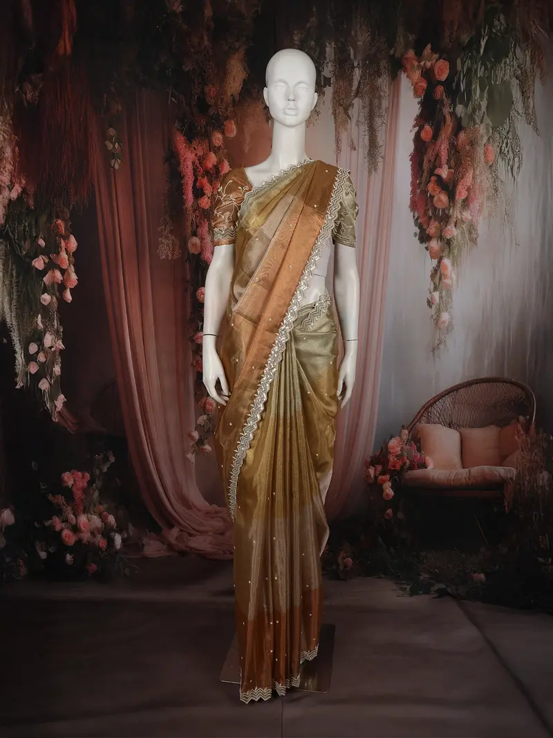 Soft Champagne Gold With Ivory Striped Woven Design Tissue Designer Saree With Designer Border 1