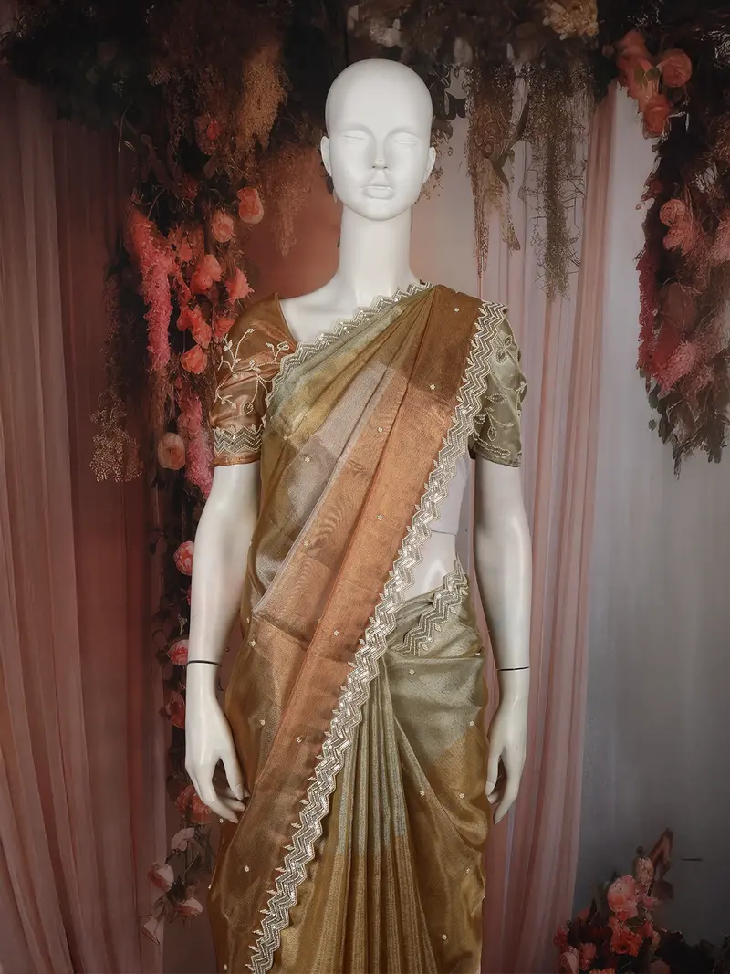 Soft Champagne Gold With Ivory Striped Woven Design Tissue Designer Saree With Designer Border 2