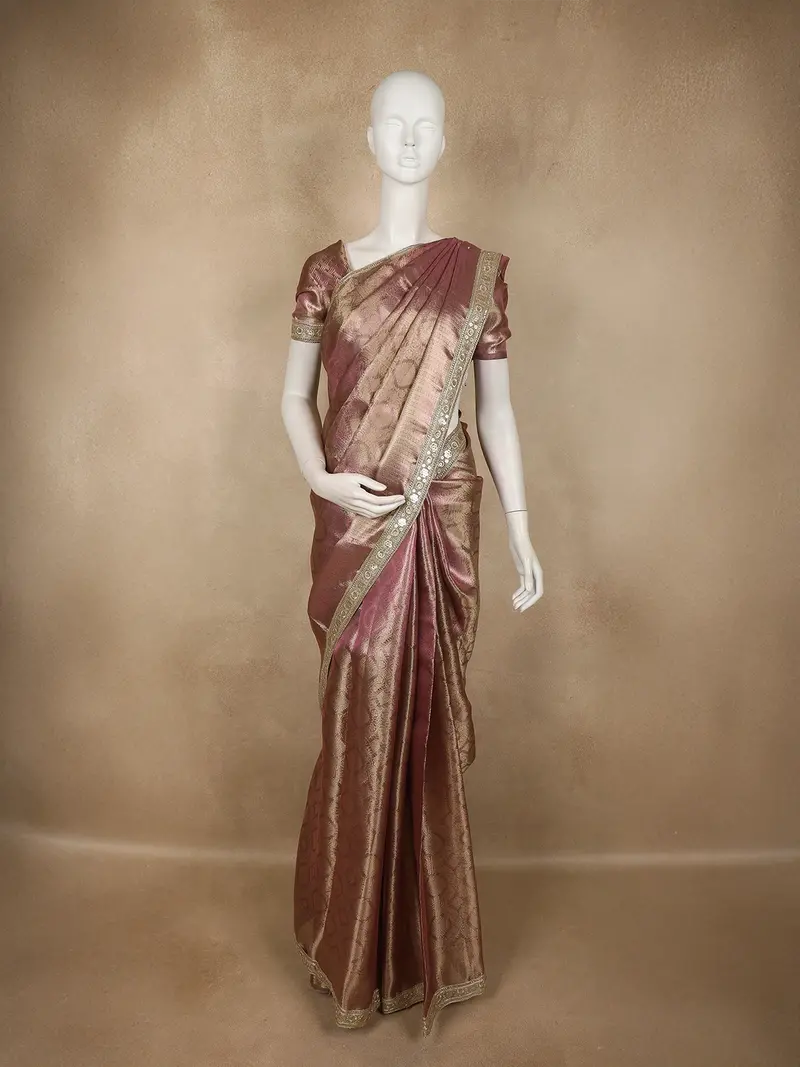Soft Copper Brown Geometric Zari Woven Design Tissue Designer Saree With Sequins Border 1