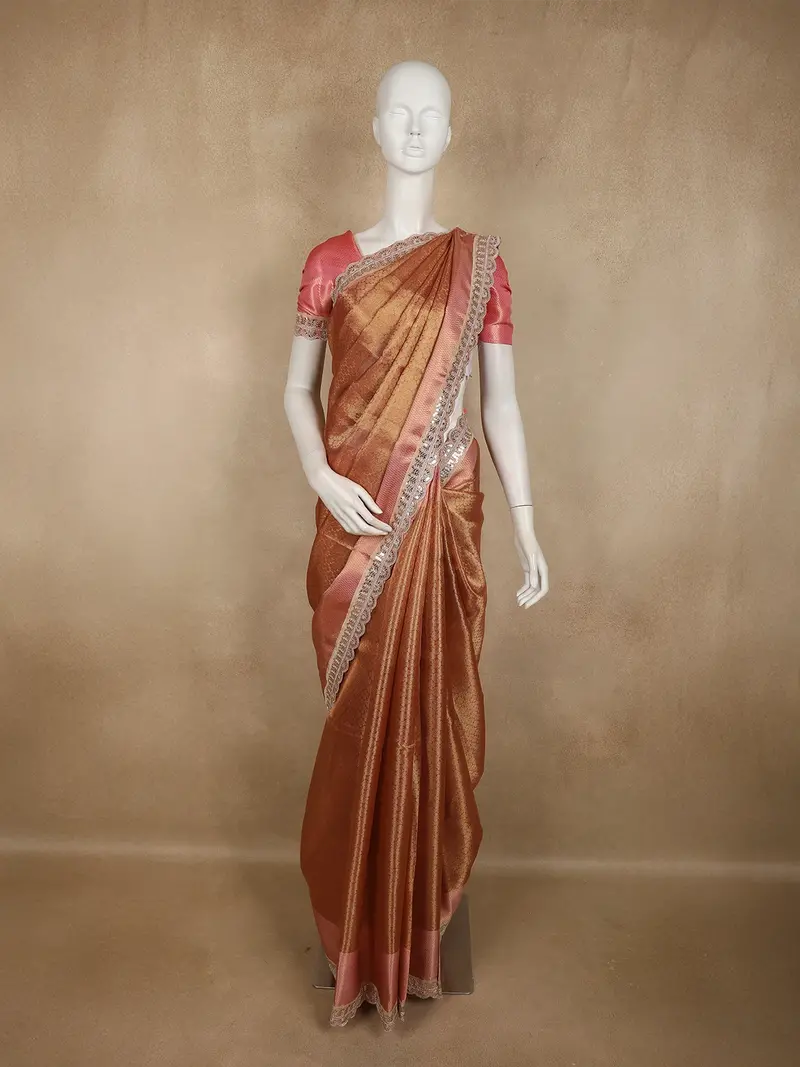 Soft Copper Brown Zari Woven Design Tissue Designer Saree With Sequins Border 1