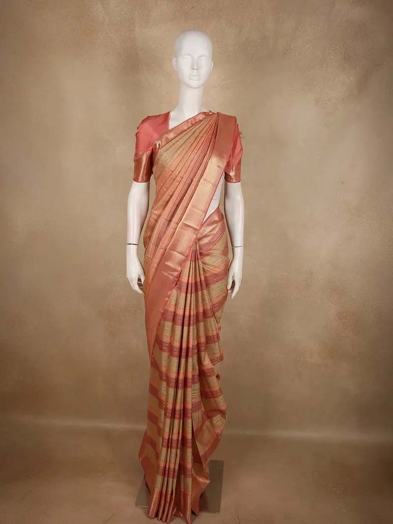 Soft Coral Peach And Warm Gold Striped Zari Woven Design Pure Kanchipuram Silk Saree With Zari Border 1