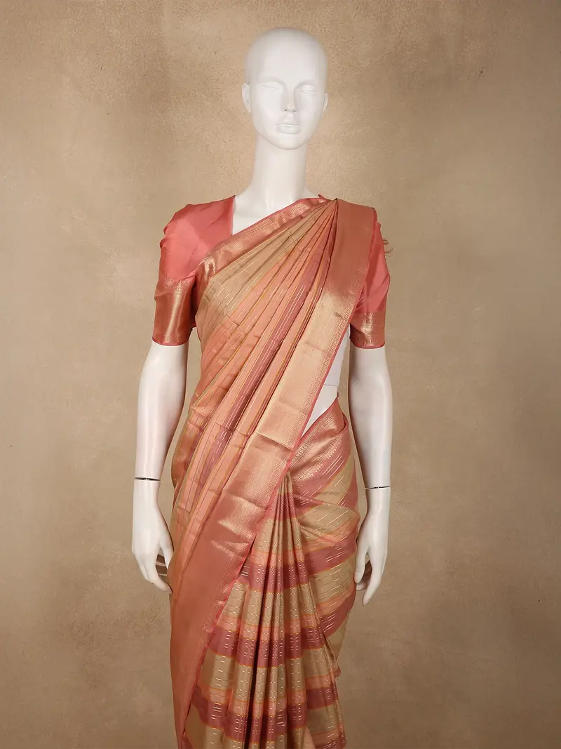 Soft Coral Peach And Warm Gold Striped Zari Woven Design Pure Kanchipuram Silk Saree With Zari Border 2