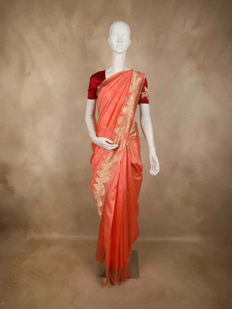 Soft Coral Peach Butta Zari Woven Design Pure Banarasi Silk Saree With Floral Border 1