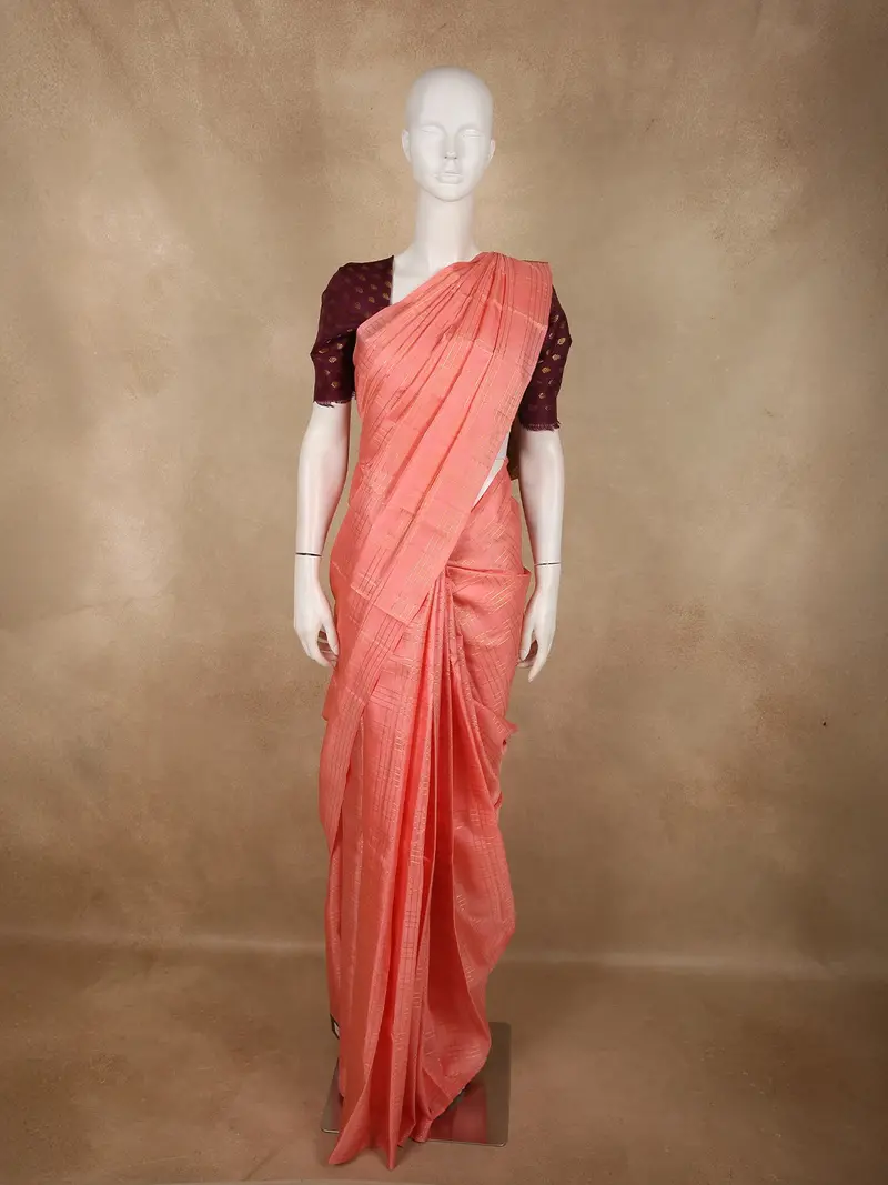 Soft Coral Peach Checked Zari Woven Design Pure Kanchipuram Silk Saree 1