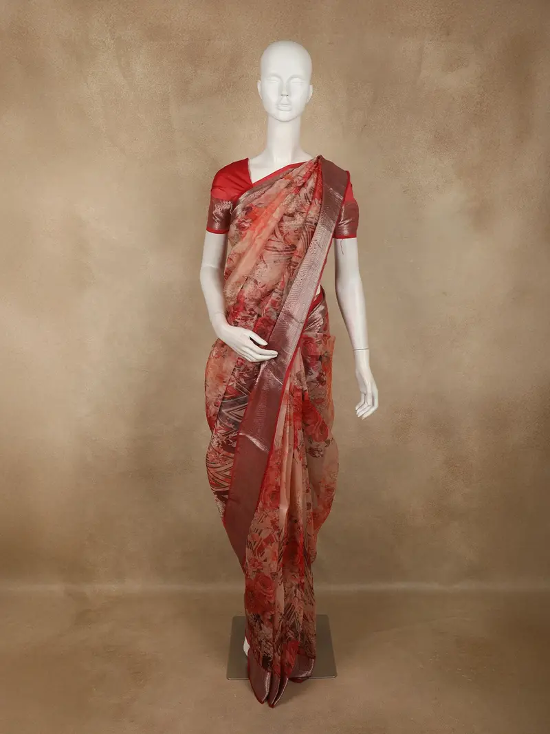 Soft Coral Peach Floral Printed Design Banarasi Saree With Zari Border 1