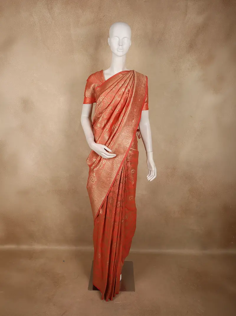 Soft Coral Peach Floral Zari Woven Design Banarasi Saree With Floral Zari Border 1