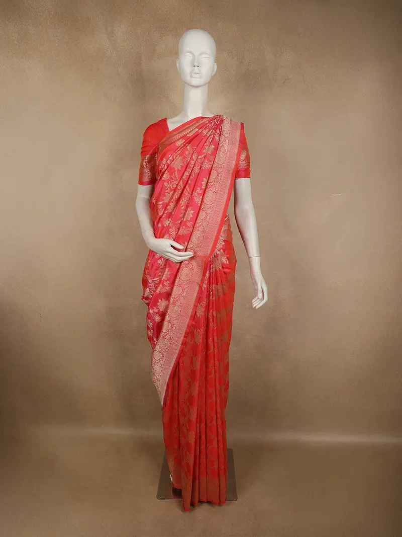 Soft Coral Pink Floral Zari Woven Design Pure Banarasi Silk Saree With Zari Border 1