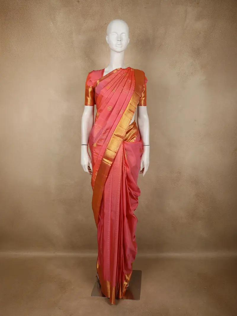 Soft Coral Pink Stripes And Peacock Zari Woven Design Pure Kanchipuram Silk Saree With Zari Border 1