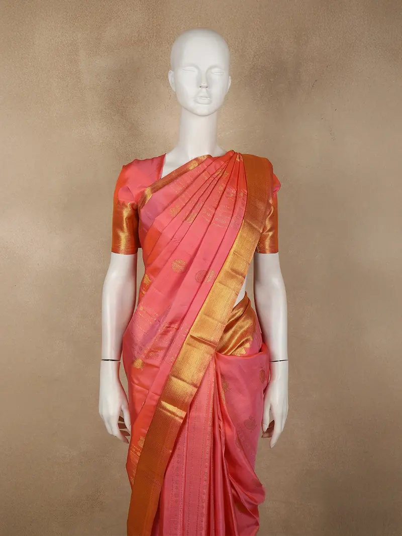 Soft Coral Pink Stripes And Peacock Zari Woven Design Pure Kanchipuram Silk Saree With Zari Border 2