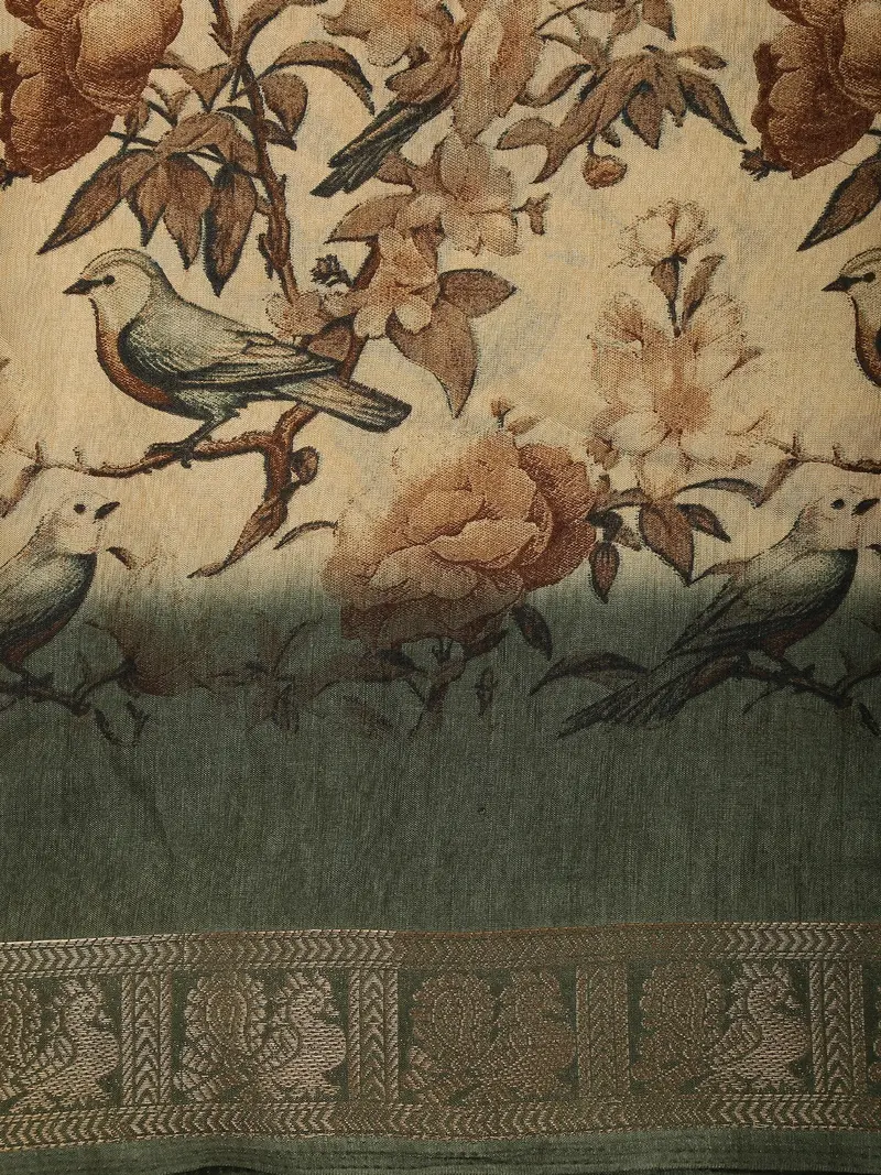 Soft Cream Beige Bird And Floral Garden Printed Design Mixed Cotton Saree With Ornamental Zari Woven Border 2