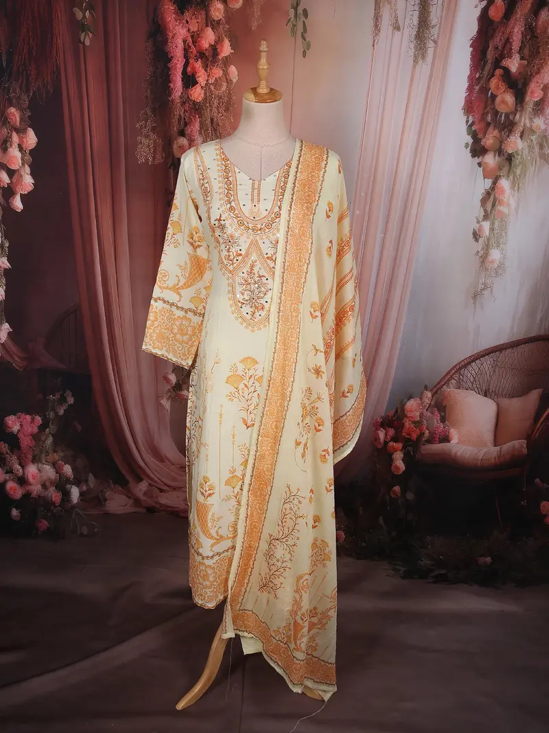 Soft Cream Floral Printed Design Cotton Anarakai Salwar Suit 1