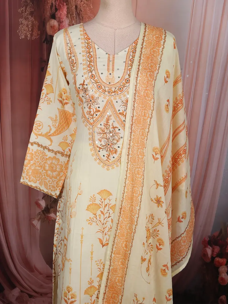 Soft Cream Floral Printed Design Cotton Anarakai Salwar Suit 2