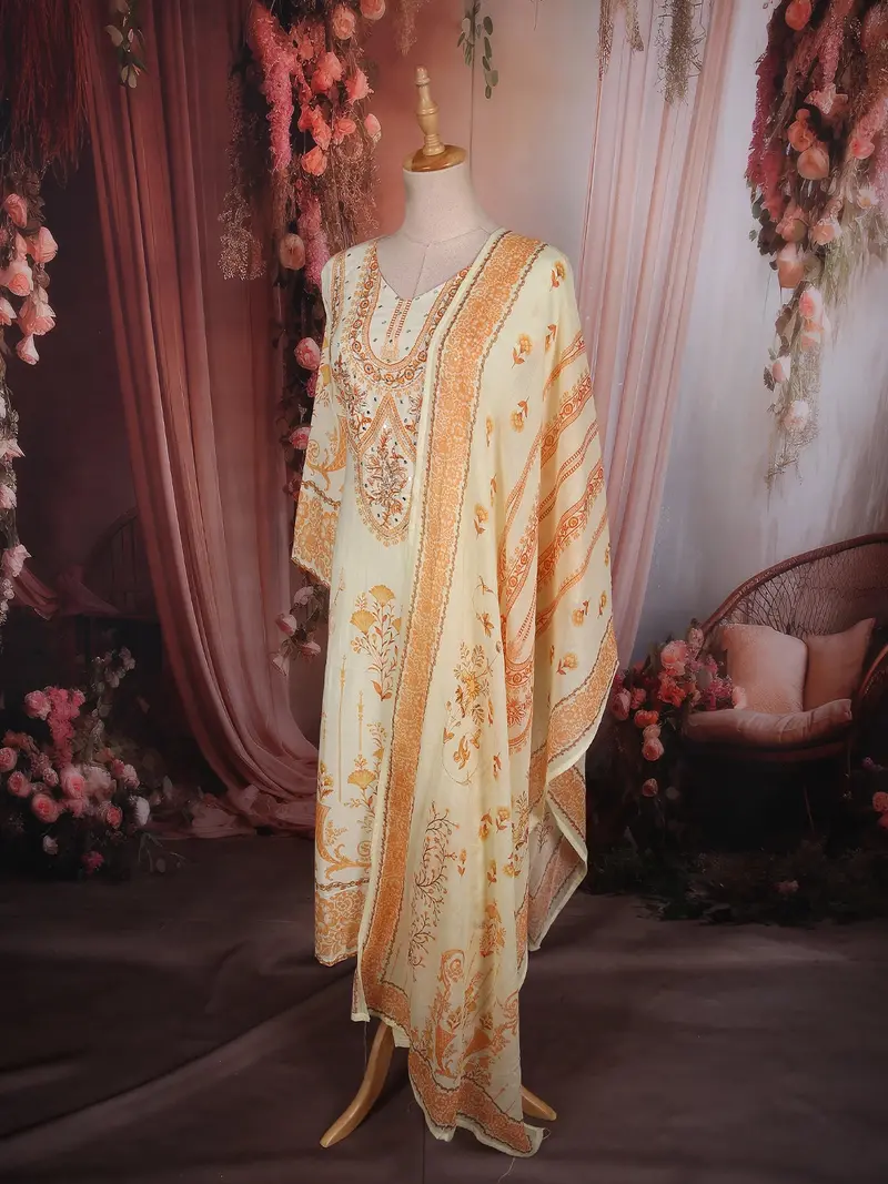 Soft Cream Floral Printed Design Cotton Anarakai Salwar Suit 3