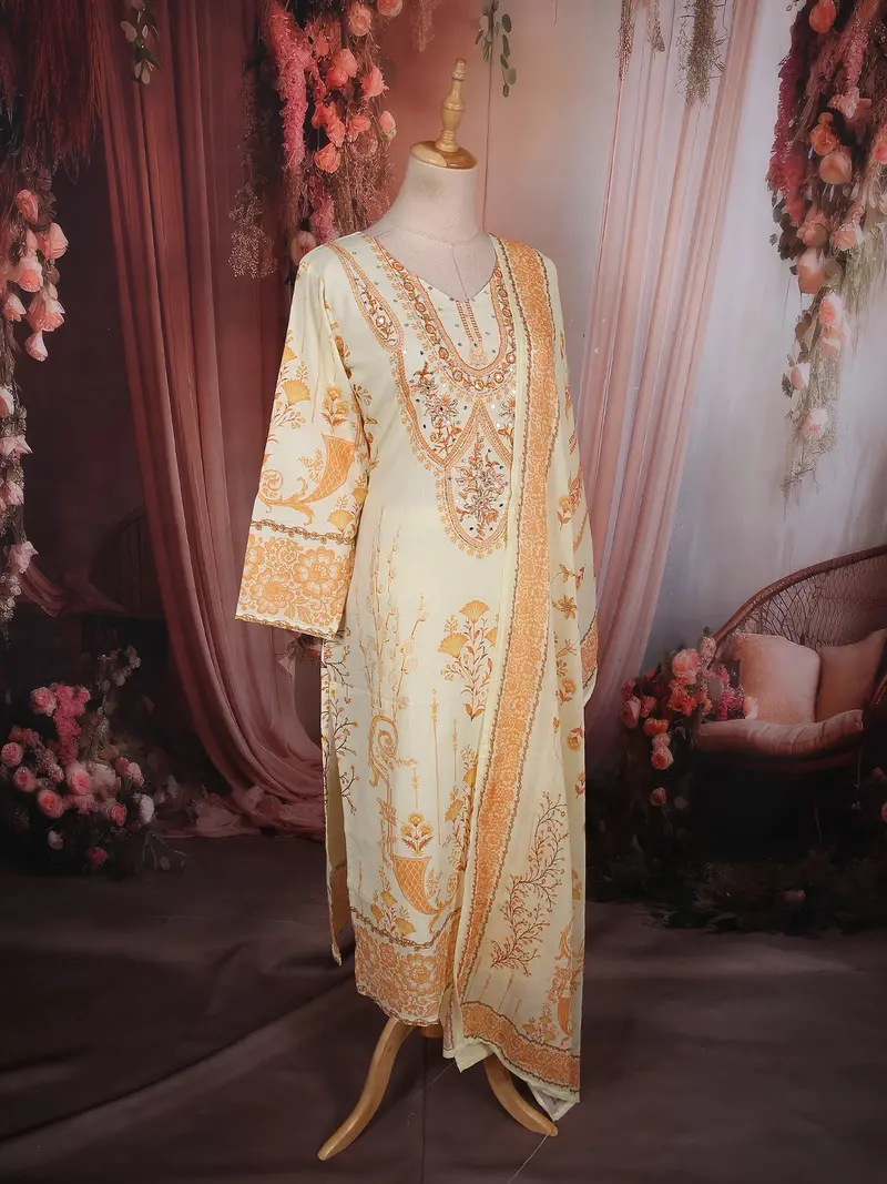 Soft Cream Floral Printed Design Cotton Anarakai Salwar Suit 4