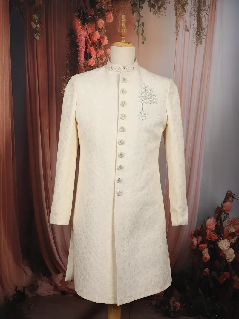 Soft Cream Floral Woven Design Jacquard Indo Western Men's Sherwani Suit 1