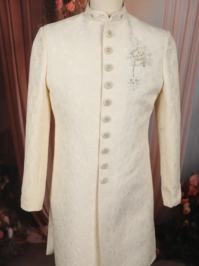 Soft Cream Floral Woven Design Jacquard Indo Western Men's Sherwani Suit 2
