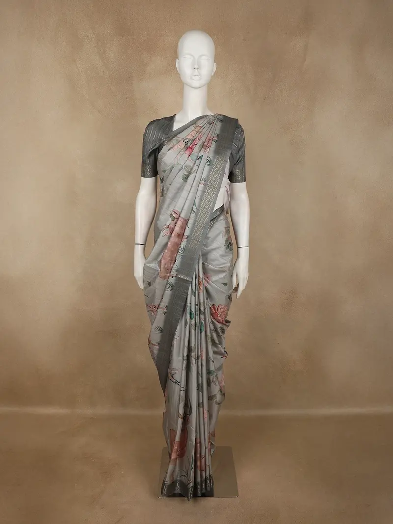 Soft Dove Grey Floral And Animal Motif Printed Design Tussar Saree 1