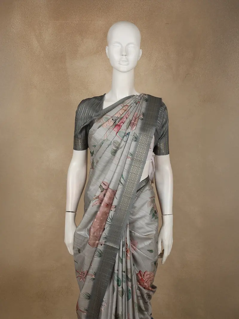 Soft Dove Grey Floral And Animal Motif Printed Design Tussar Saree 2