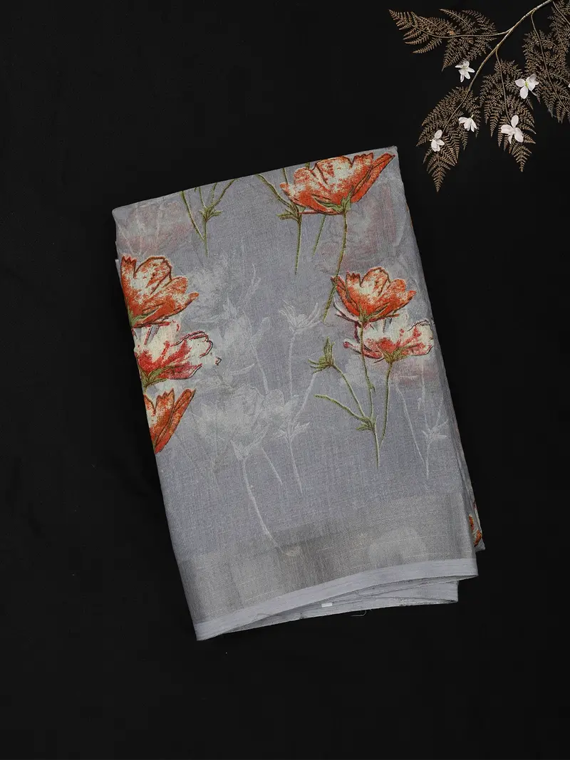 Soft Dove Grey Floral Printed Design Blended Cotton Saree 1
