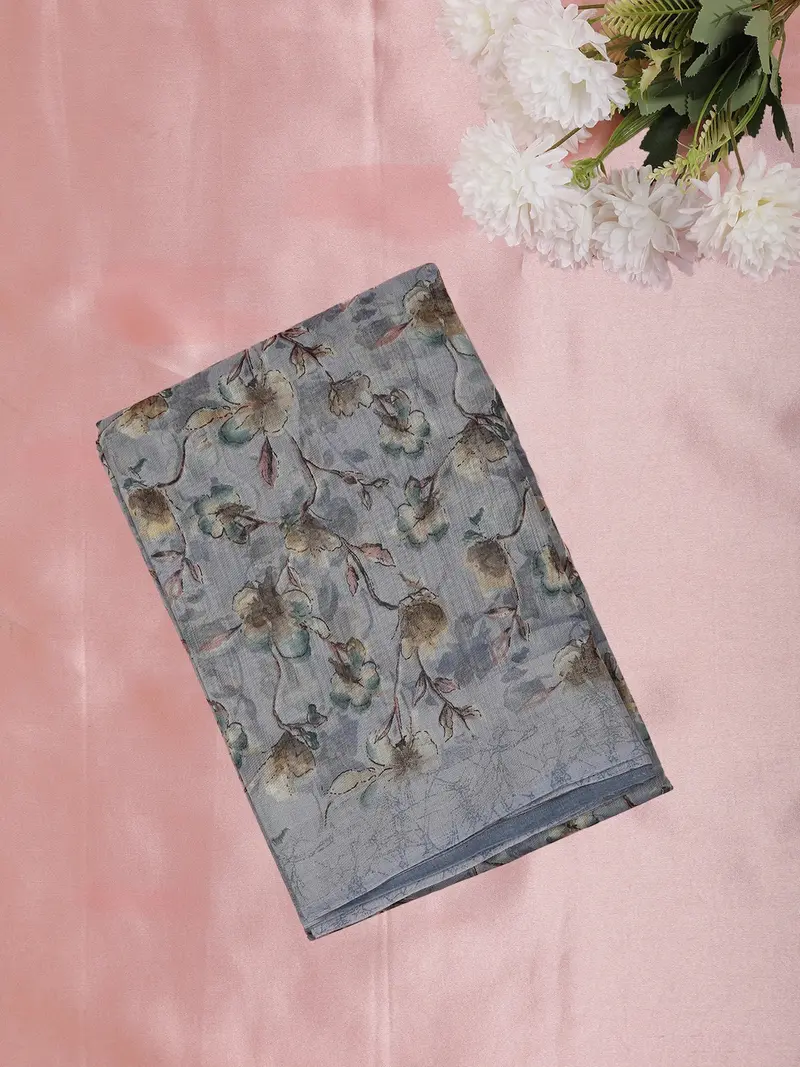 Soft Dove Grey Floral Printed Design Mixed Cotton Saree 1