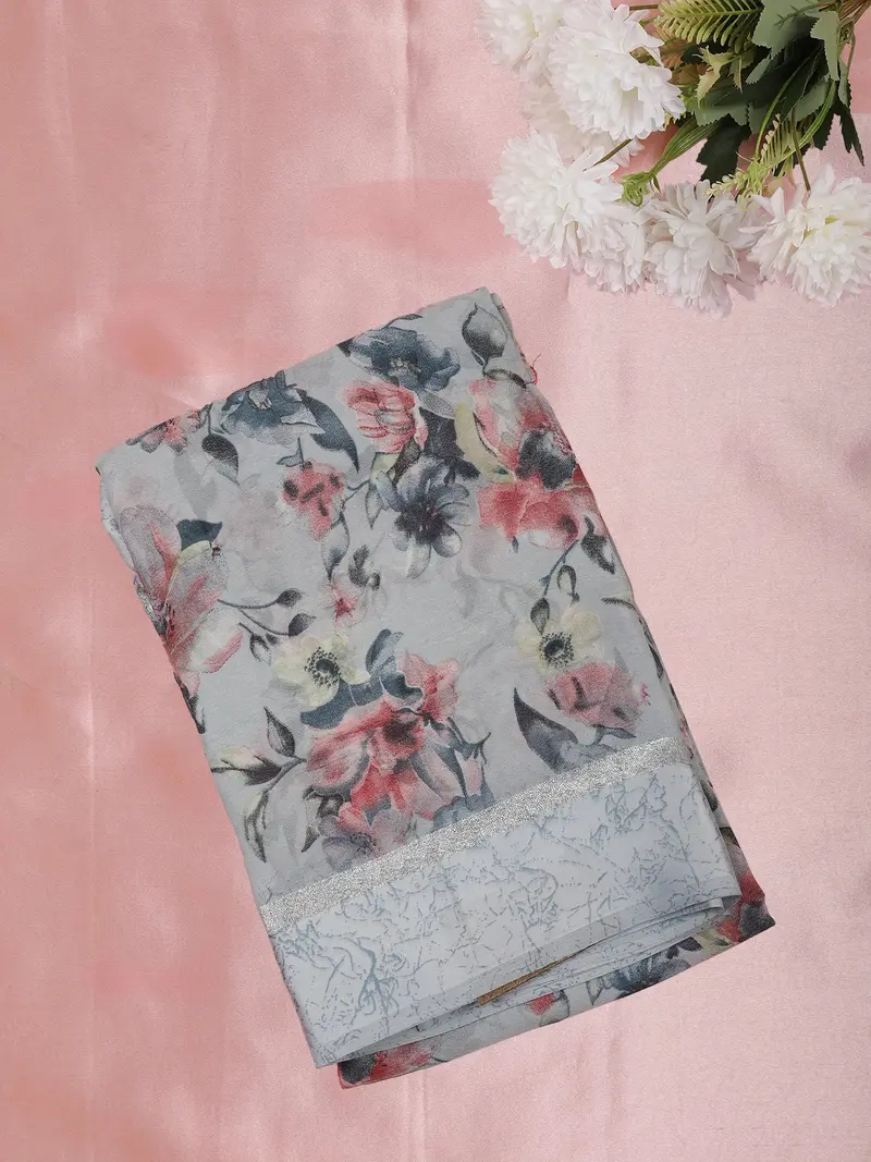 Soft Dove Grey Floral Printed Design Mixed Cotton Saree 1