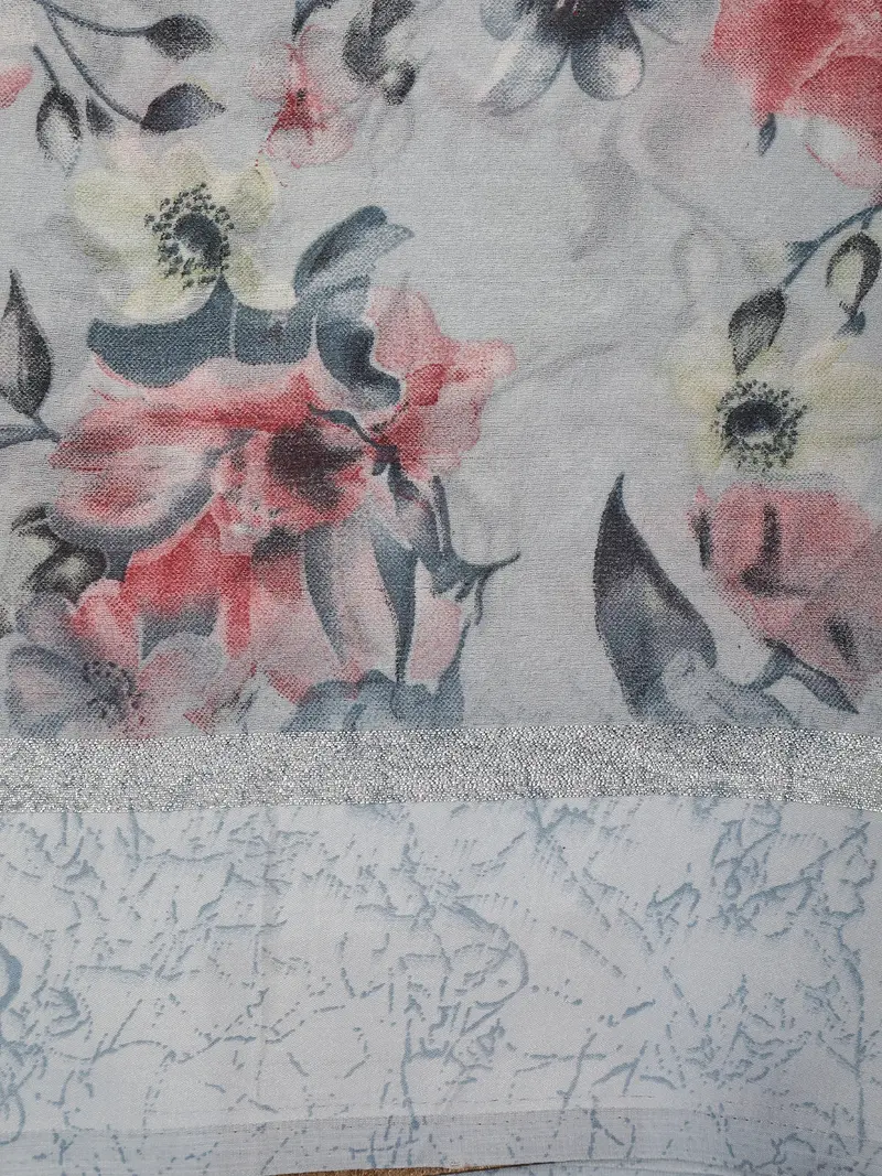 Soft Dove Grey Floral Printed Design Mixed Cotton Saree 2