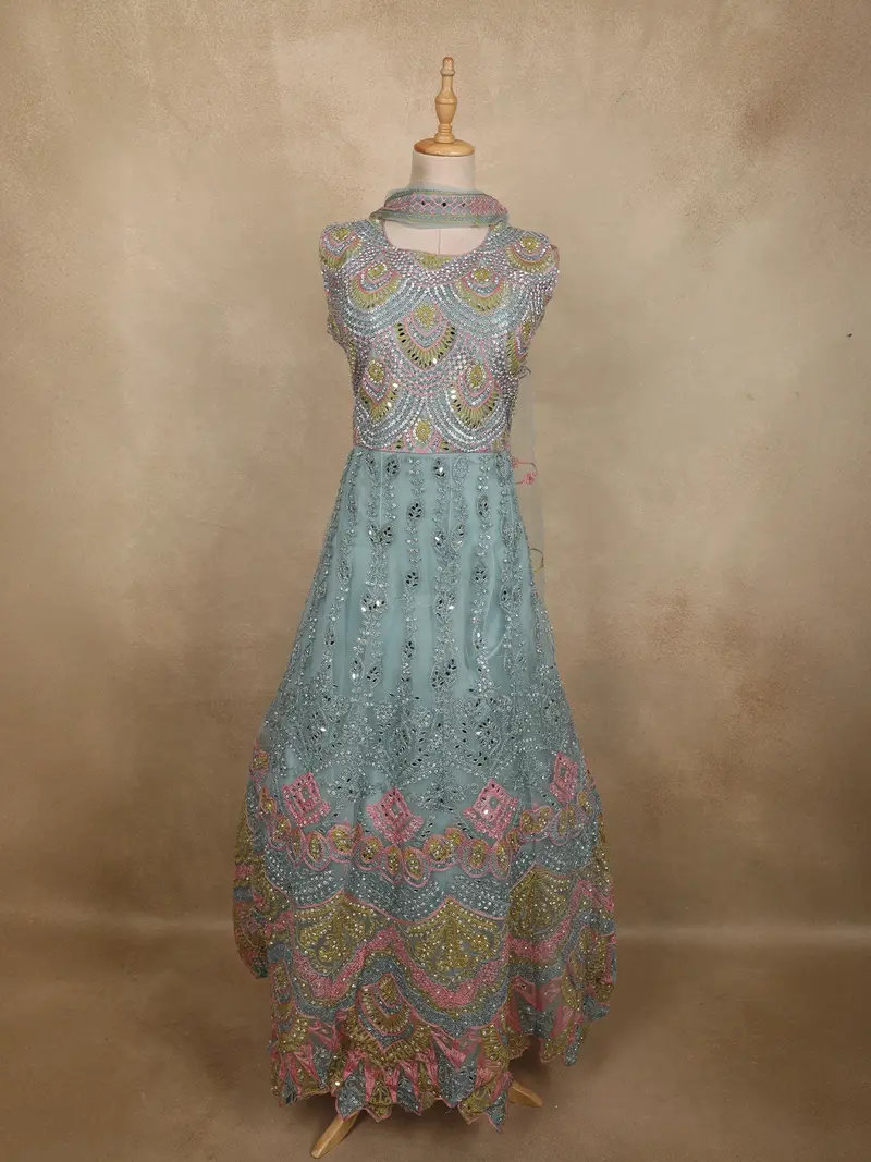 Soft Dusty Blue Floral Thread And Mirror Embroidered Design Net Anarkali Gown With Dupatta 1