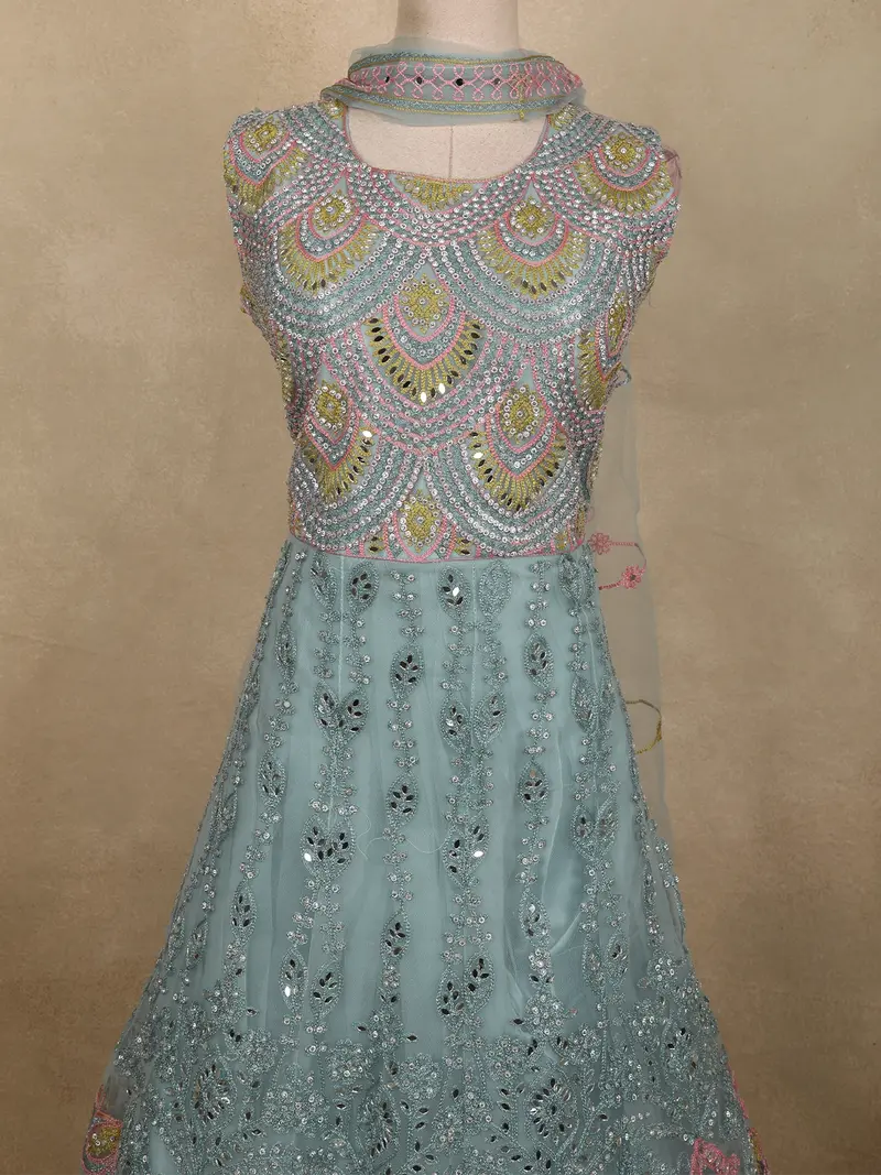 Soft Dusty Blue Floral Thread And Mirror Embroidered Design Net Anarkali Gown With Dupatta 2