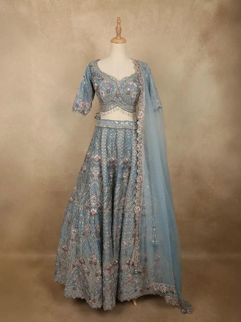 Soft Dusty Ice Blue Floral Zari And Mirror Embroidered Design Net Lehenga With Net Dupatta 1