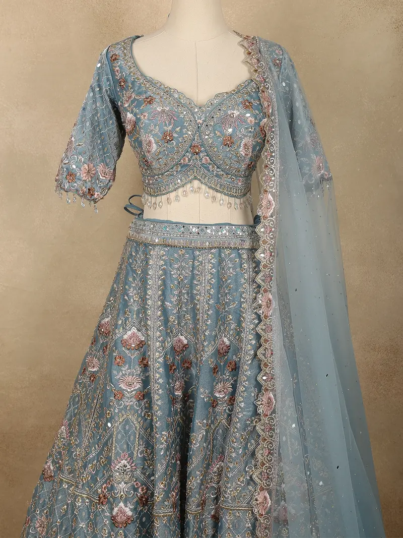 Soft Dusty Ice Blue Floral Zari And Mirror Embroidered Design Net Lehenga With Net Dupatta 2
