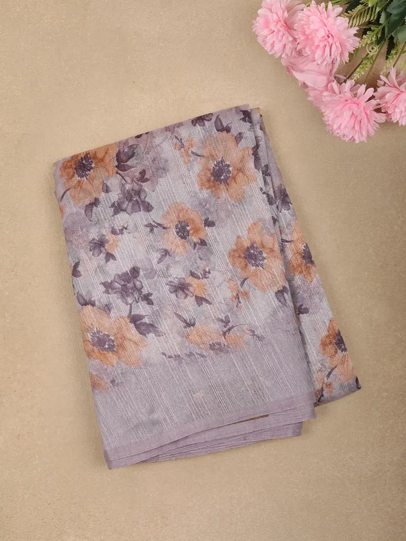 Soft Dusty Lavender Floral Printed Design Linen Cotton Saree 1