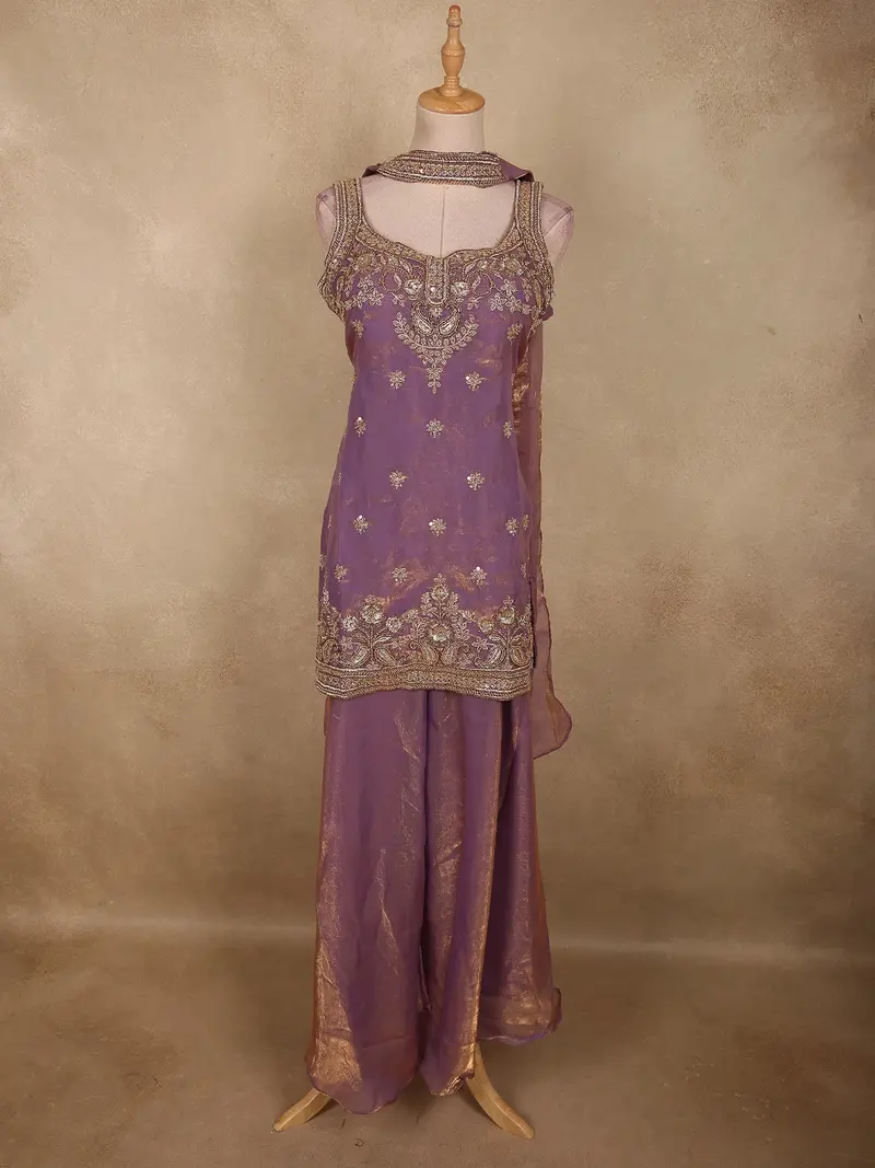 Soft Dusty Lavender Mauve Floral Sequins And Beads Embroidered Design Organza Palazzo Suit With Dupatta 1