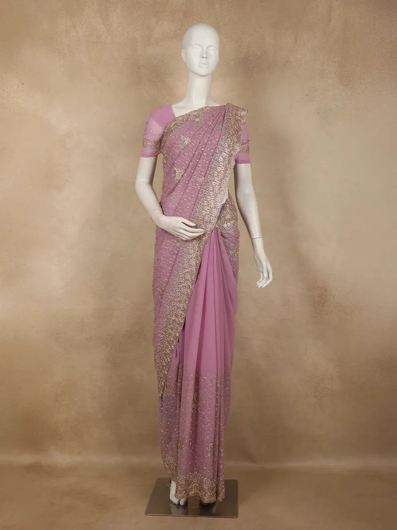 Soft Dusty Mauve Floral Zari Embroidered Design Georgette Designer Saree 1