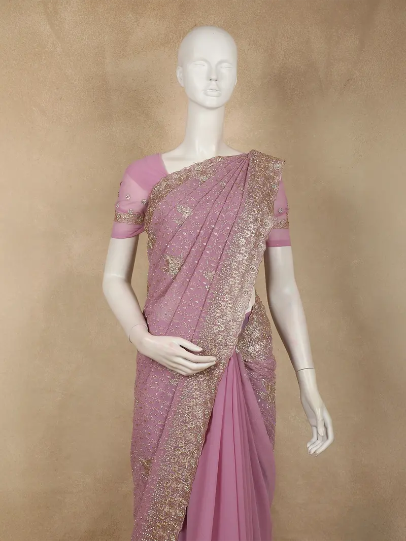 Soft Dusty Mauve Floral Zari Embroidered Design Georgette Designer Saree 2