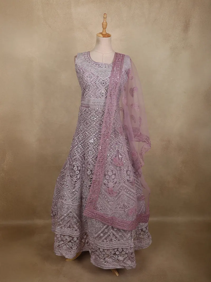 Soft Dusty Mauve Pink Floral Thread And Mirror Embroidered Design Net Anarkali Gown With Dupatta 1
