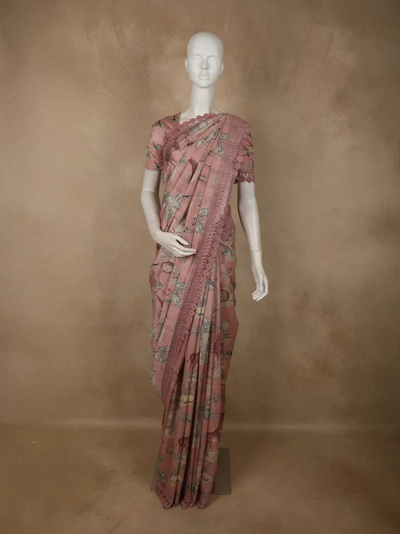 Soft Dusty Pink Animal And Birds Motif Design Tussar Saree With Floral Border 1
